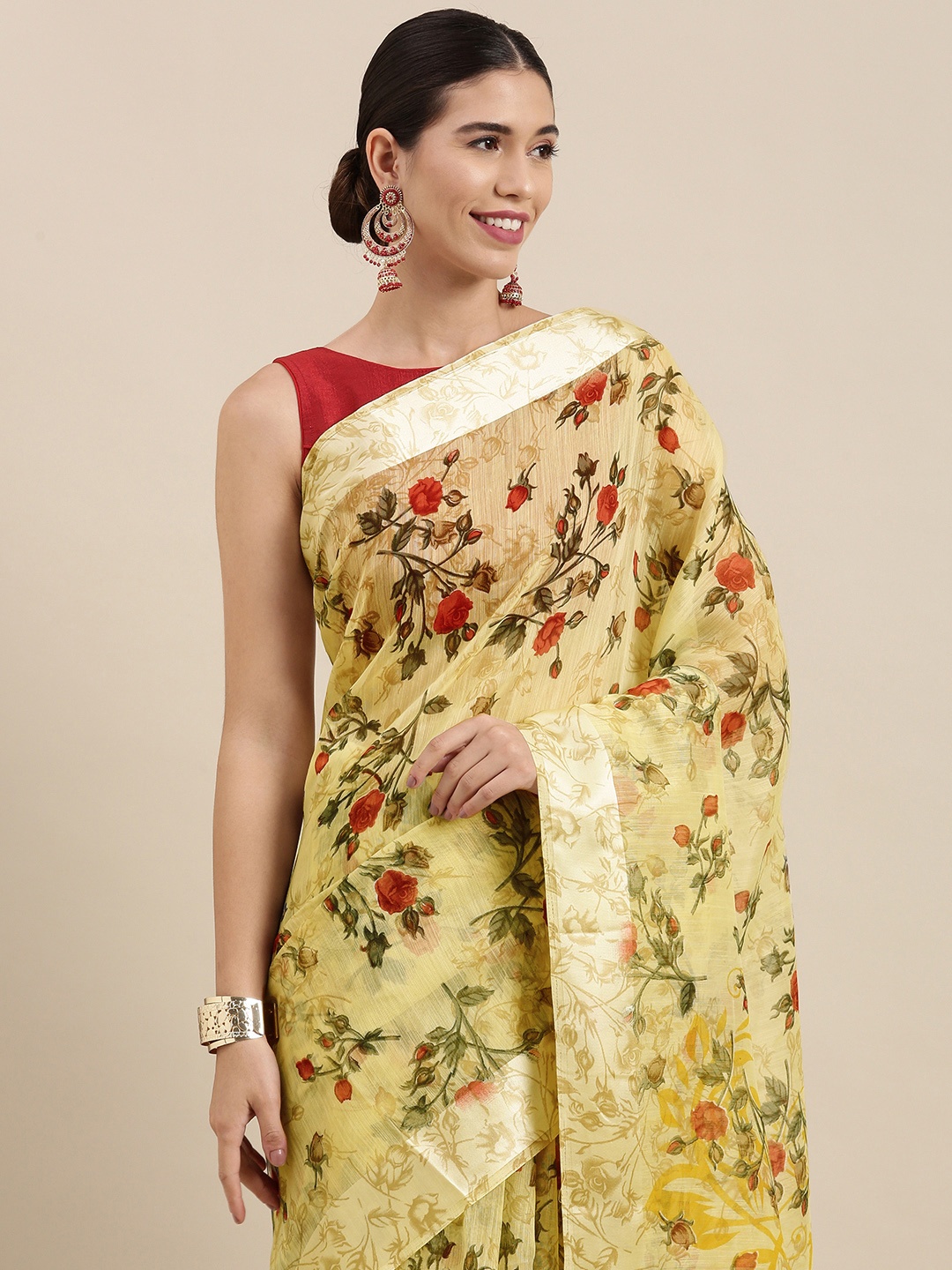 

PERFECTBLUE Cream-Coloured Floral Print Cotton Linen Saree