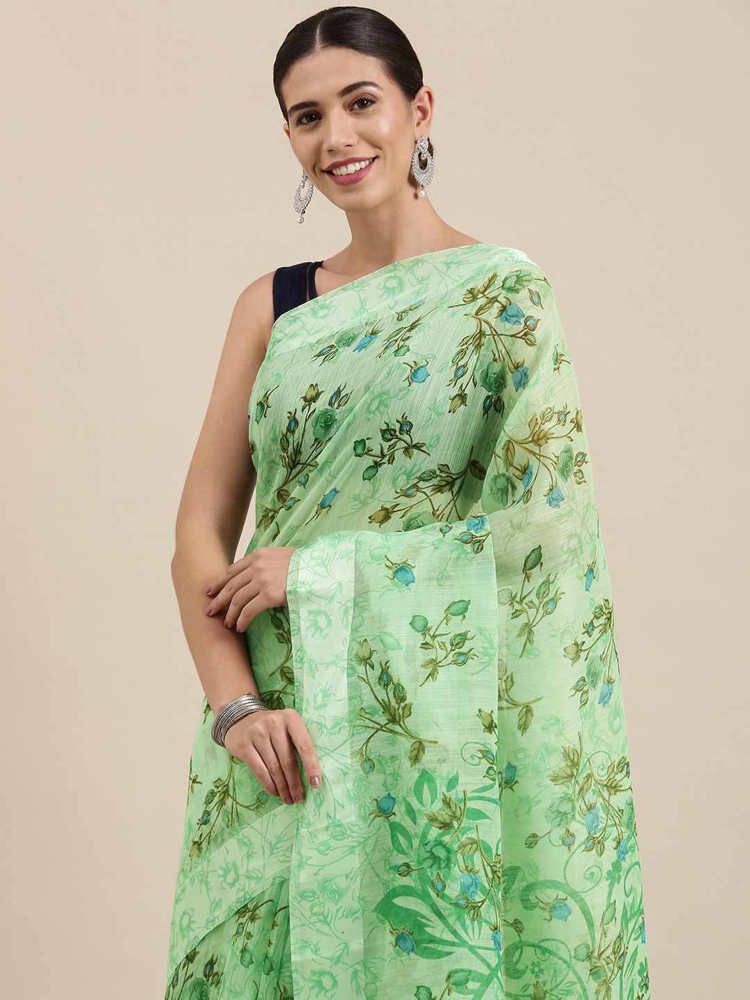 

PERFECTBLUE Green & Blue Floral Print Cotton Linen Saree