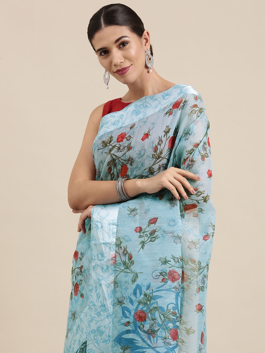 

PERFECTBLUE Blue Floral Print Cotton Linen Saree