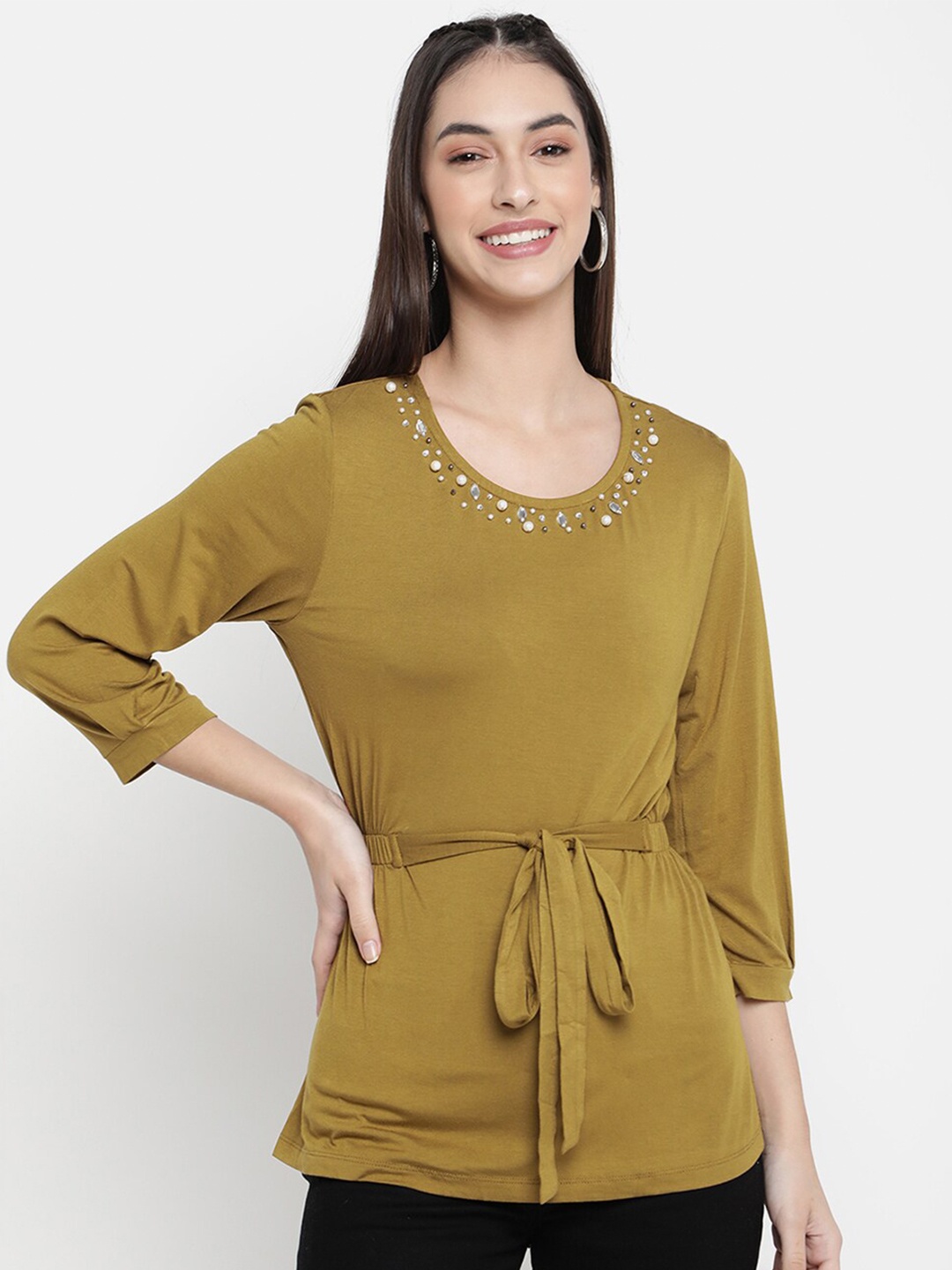 

V2 Value & Variety Olive Green Waist Tie-Ups Top