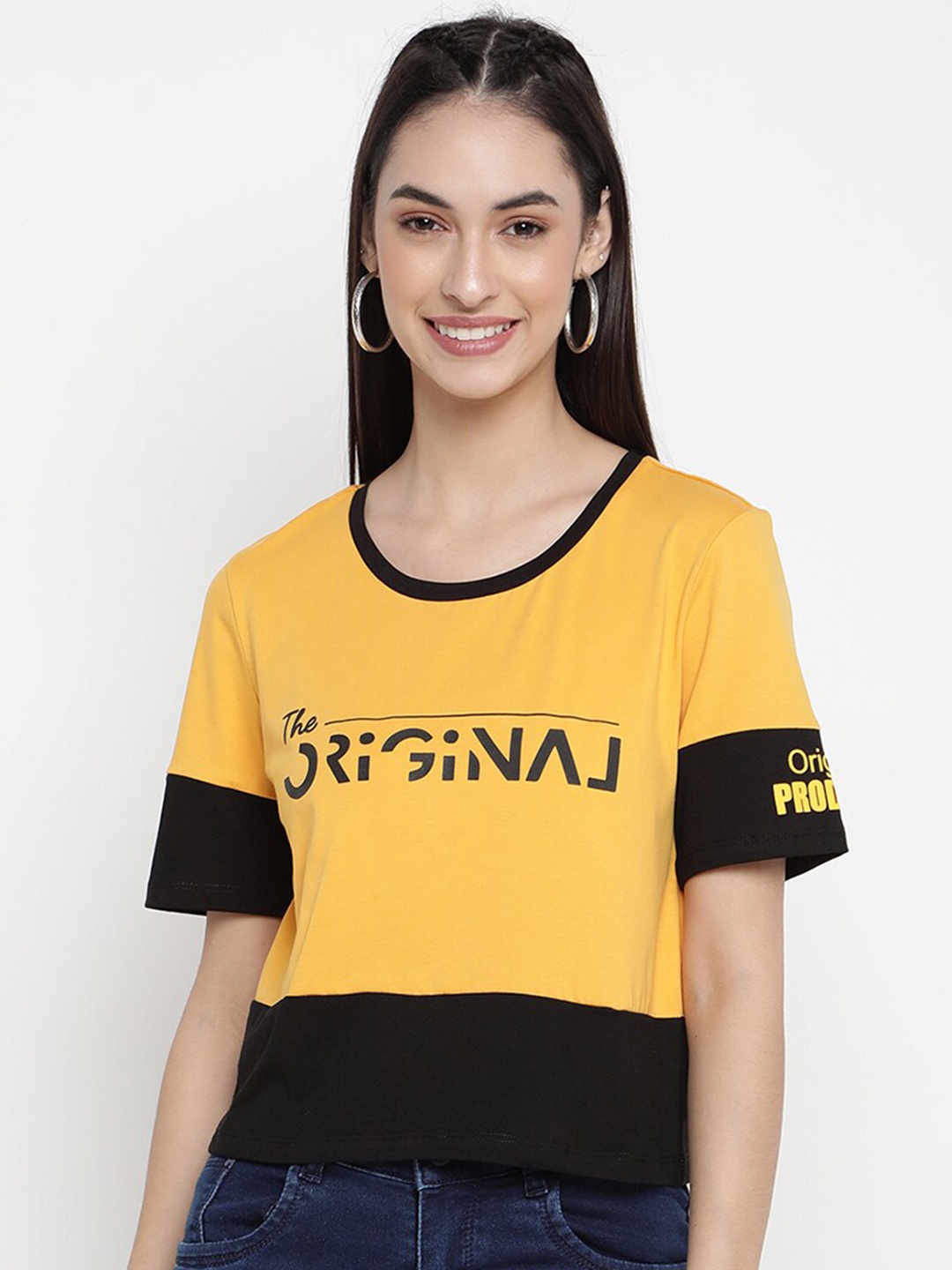 

V2 Value & Variety Women Mustard Yellow & Black Colourblocked T-shirt
