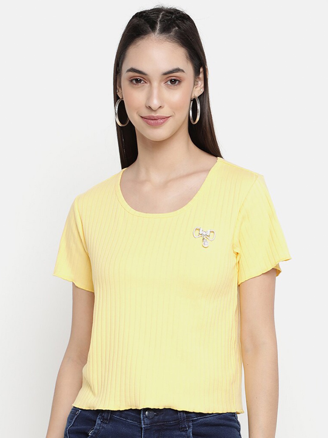 

V2 Value & Variety Women Yellow Solid Self Striped Top