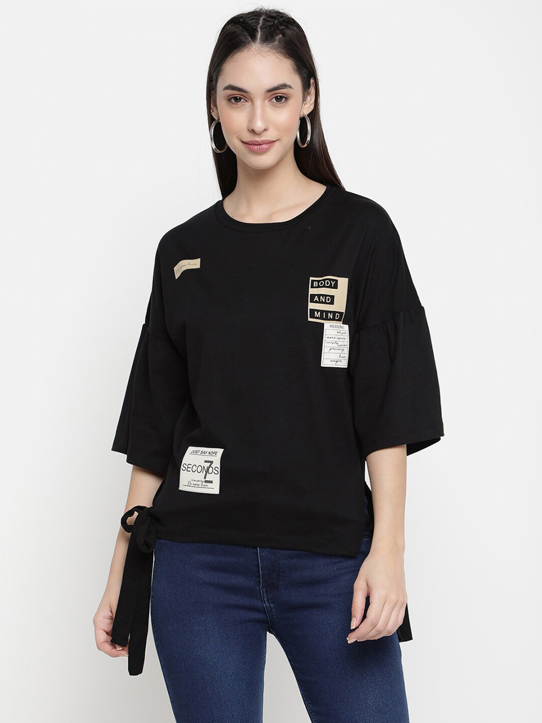 

V2 Value & Variety Women Black & White Typography Print Drop Shoulder Sleeves Top