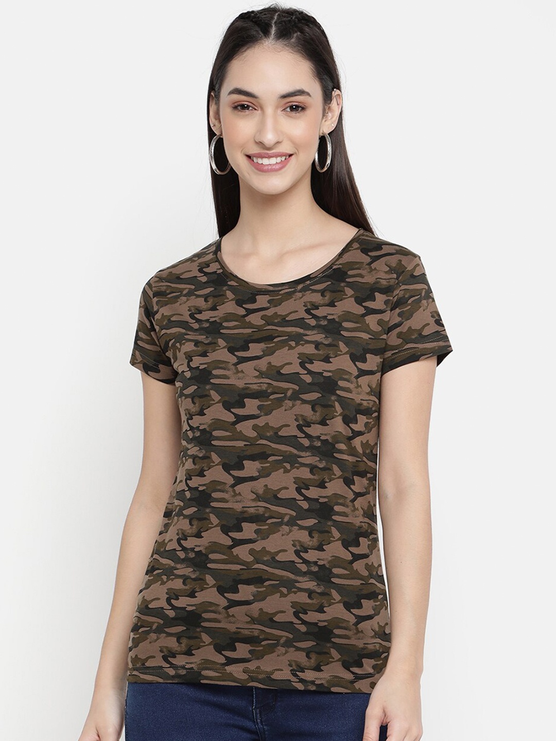 

V2 Value & Variety Women Brown & Olive Green Camouflage Printed T-shirt