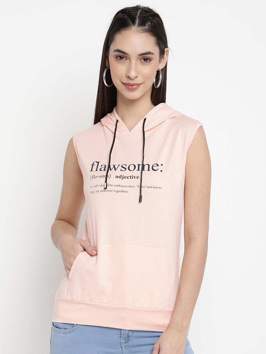 

V2 Value & Variety Women Peach-Coloured & Black Typography Print Hooded T-shirt