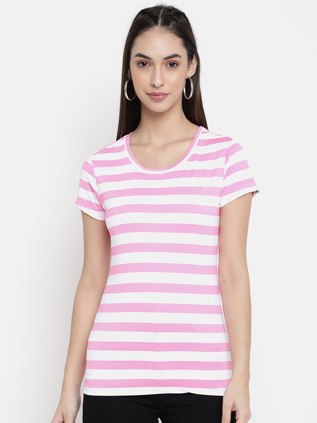 

V2 Value & Variety Women Pink & White Striped Round Neck T-shirt