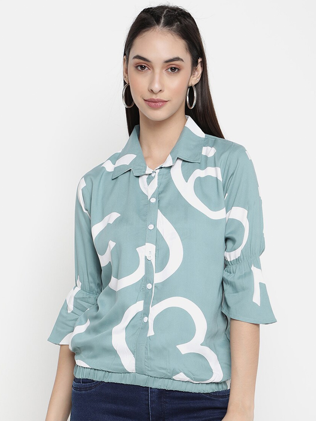 

V2 Value & Variety Green & White Typography Print Blouson Top