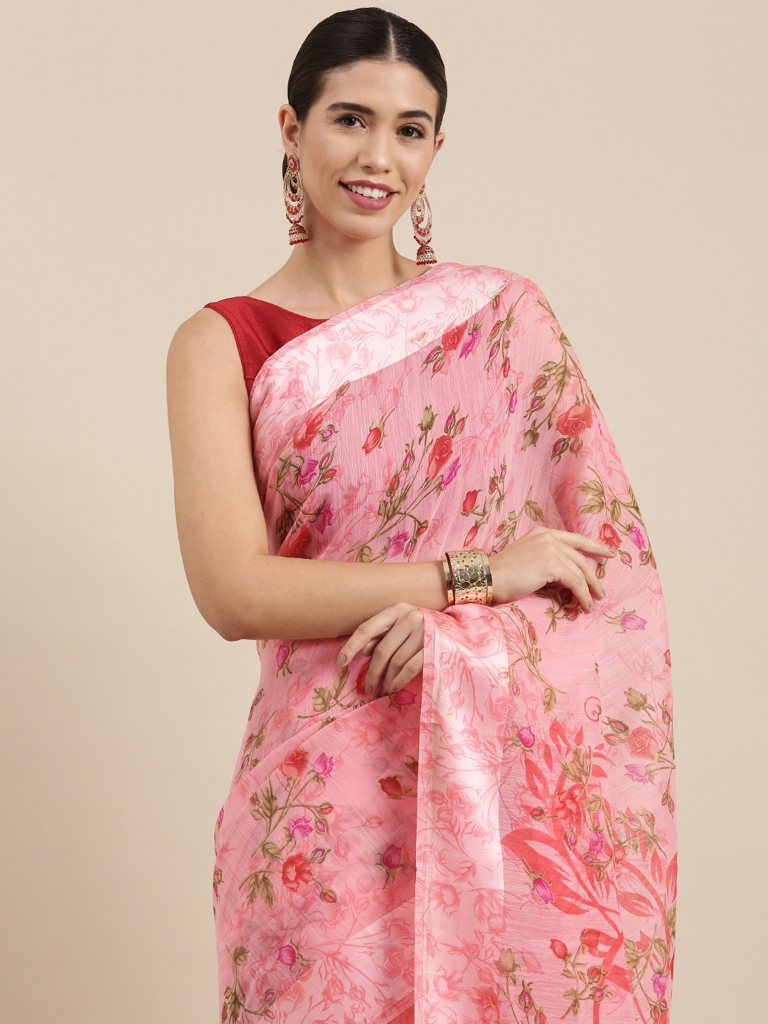 

PERFECTBLUE Pink Floral Print Cotton Linen Saree