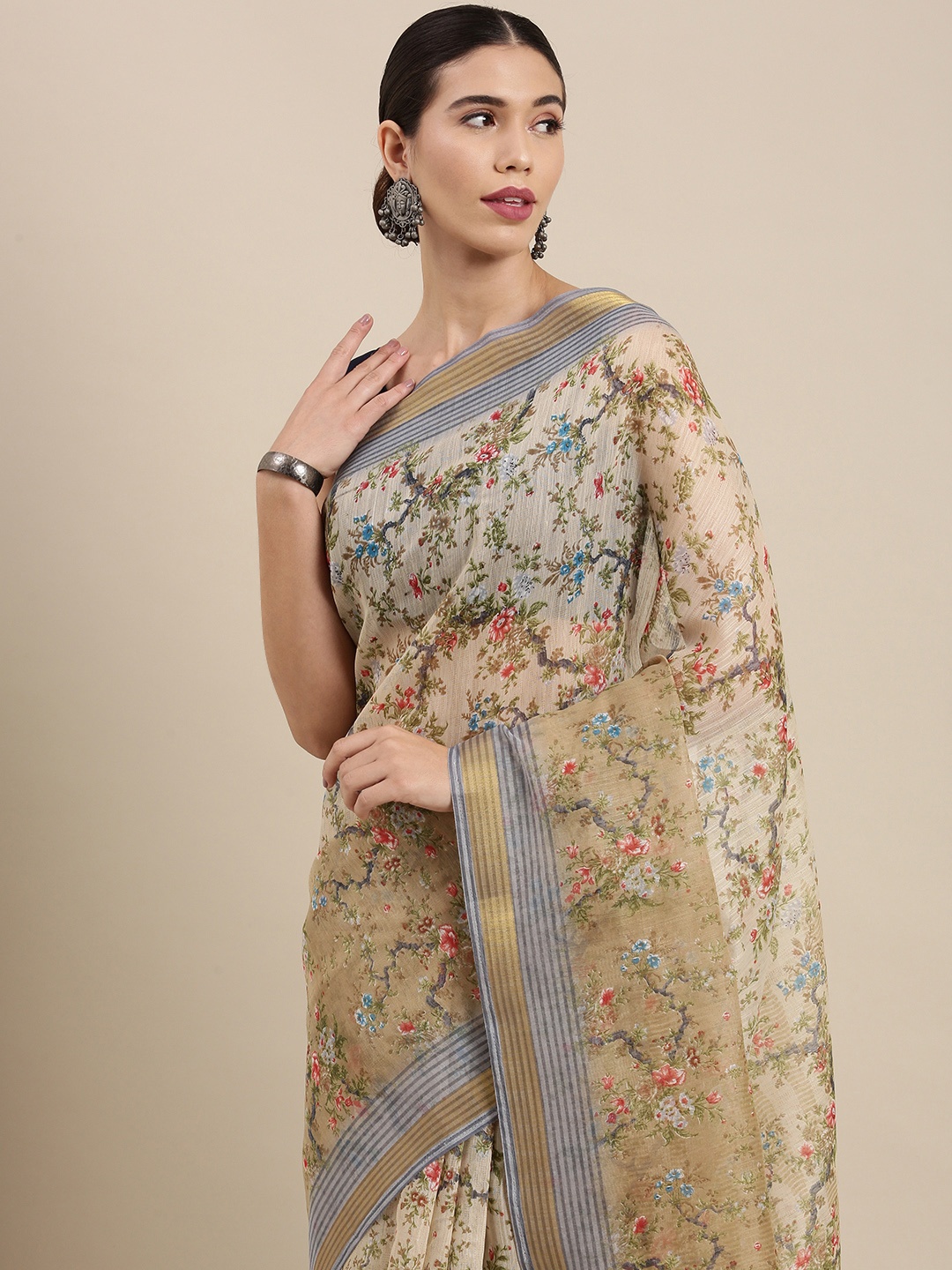 

PERFECTBLUE Beige Floral Print Cotton Linen Saree