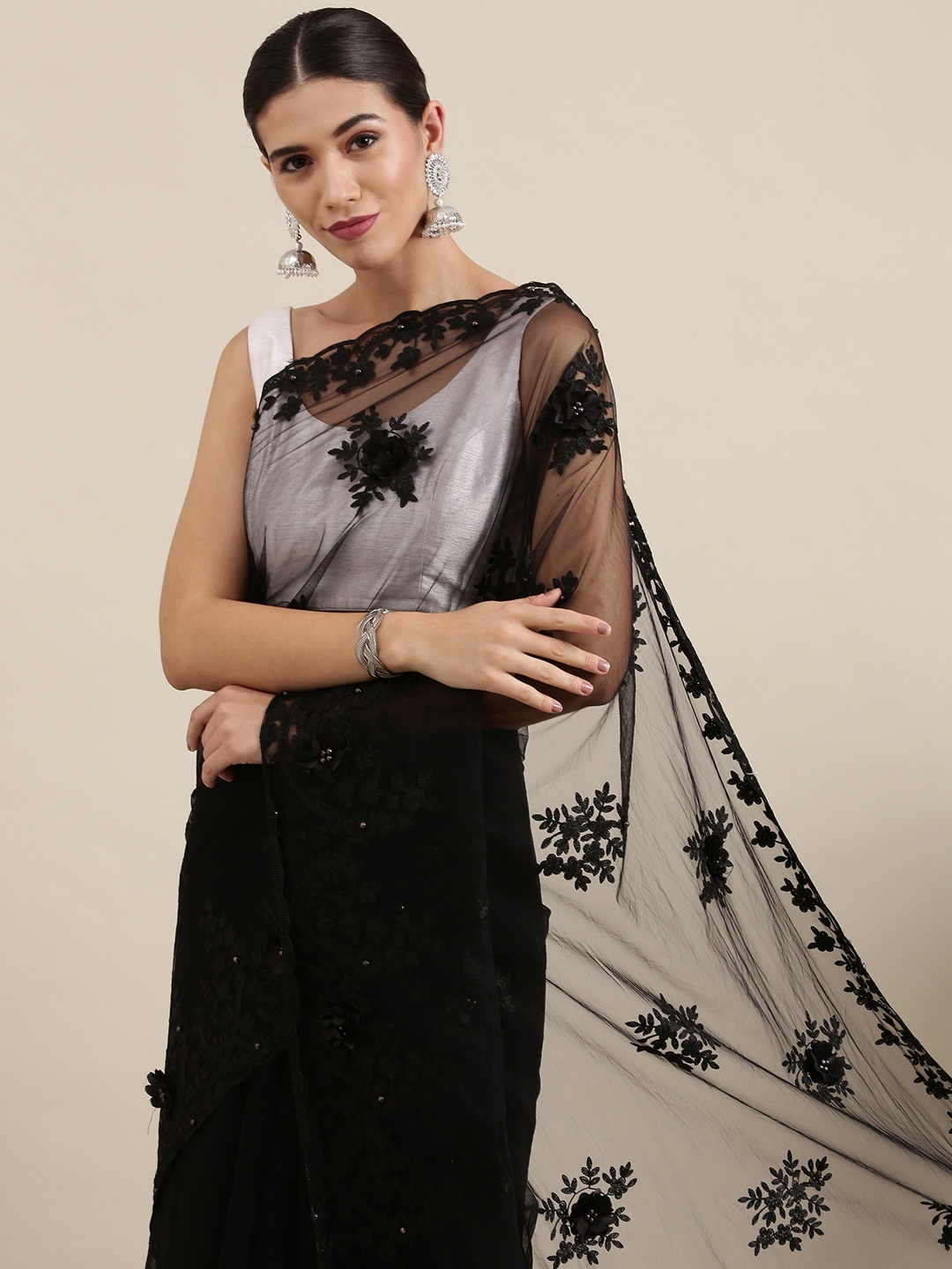 

PERFECTBLUE Black Floral Embroidered Net Saree