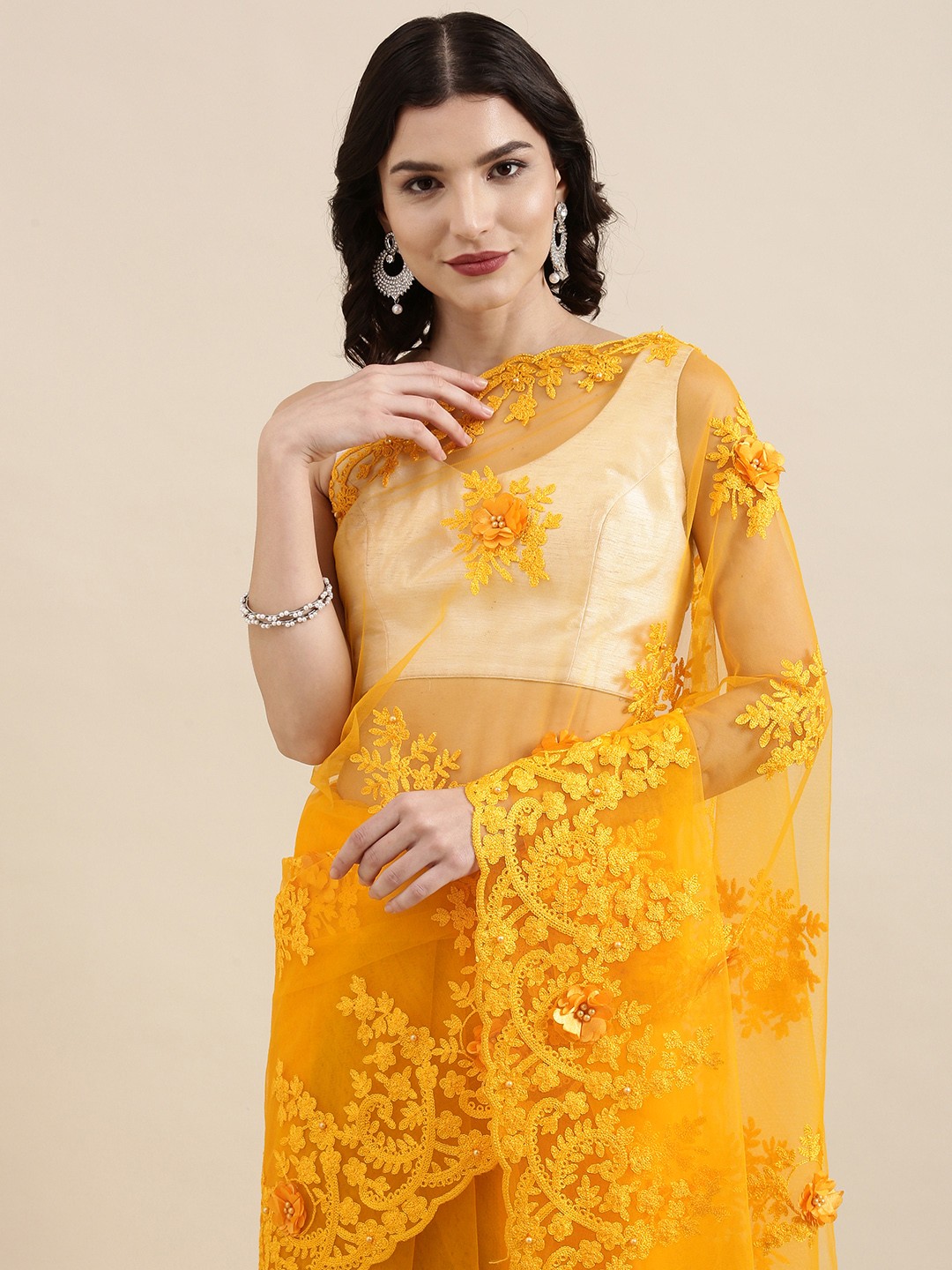 

PERFECTBLUE Mustard Yellow Floral Embroidered Net Saree
