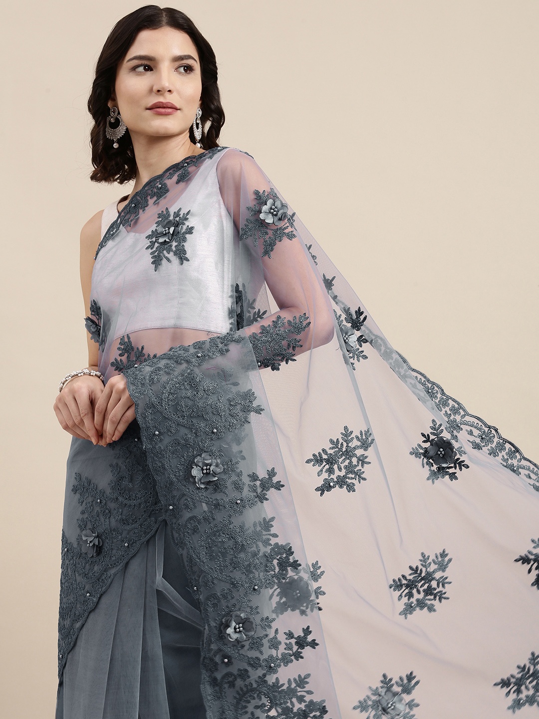 

PERFECTBLUE Grey Floral Embroidered Net Saree