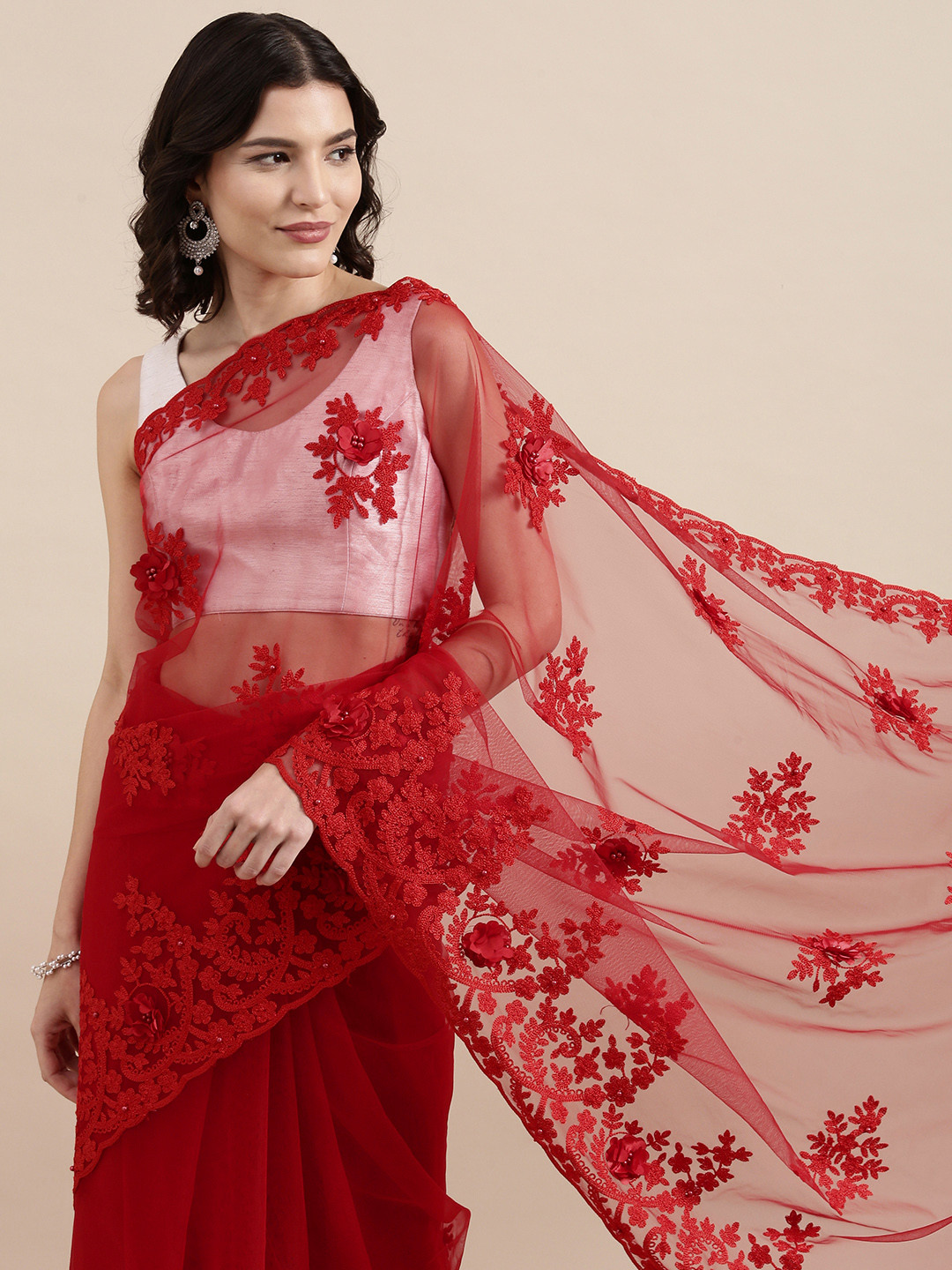 

PERFECTBLUE Red Floral Embroidered Net Saree