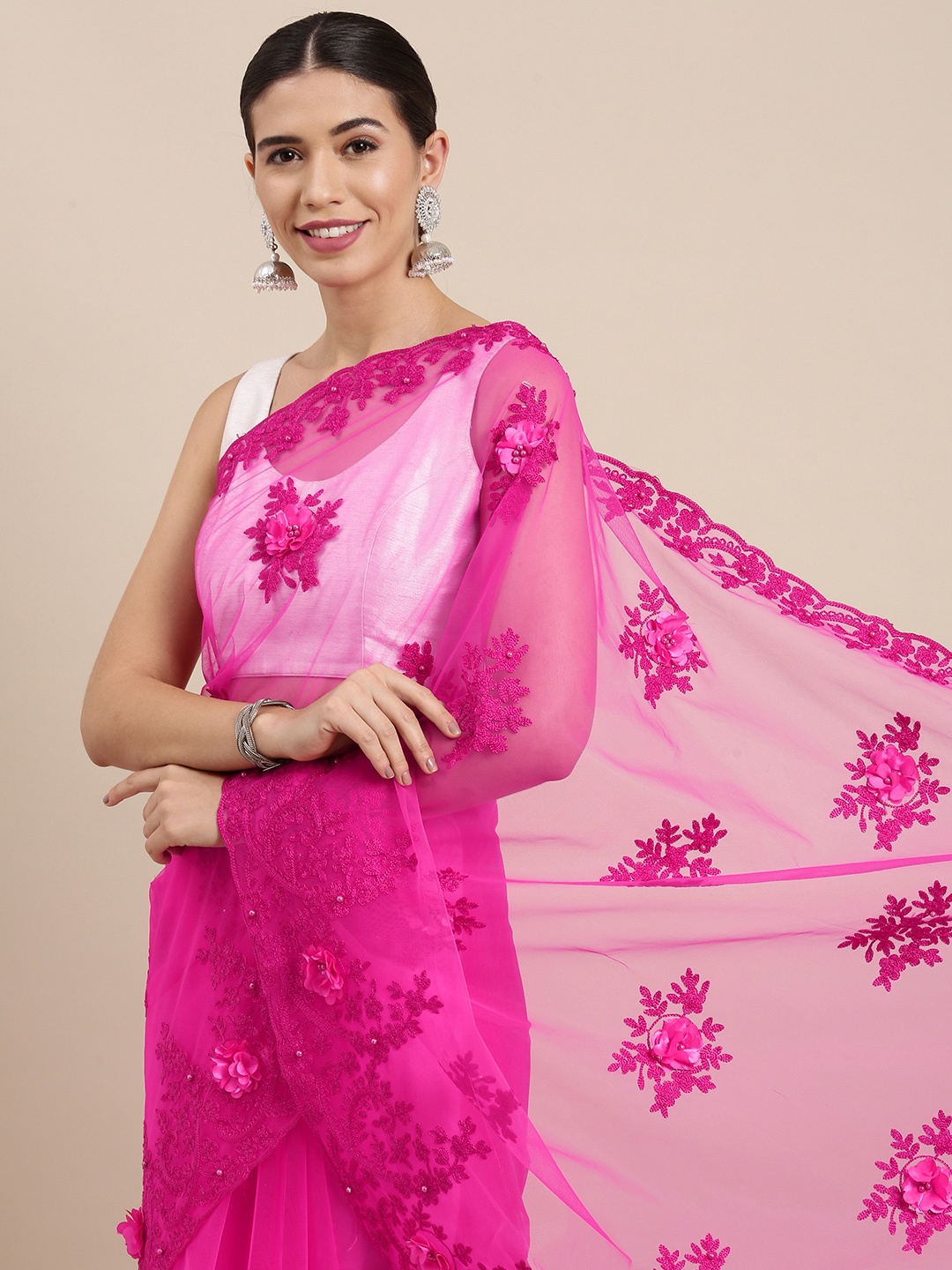 

PERFECTBLUE Pink Floral Embroidered Net Saree