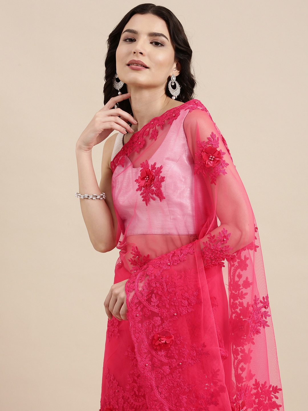 

PERFECTBLUE Pink Floral Embroidered Net Saree