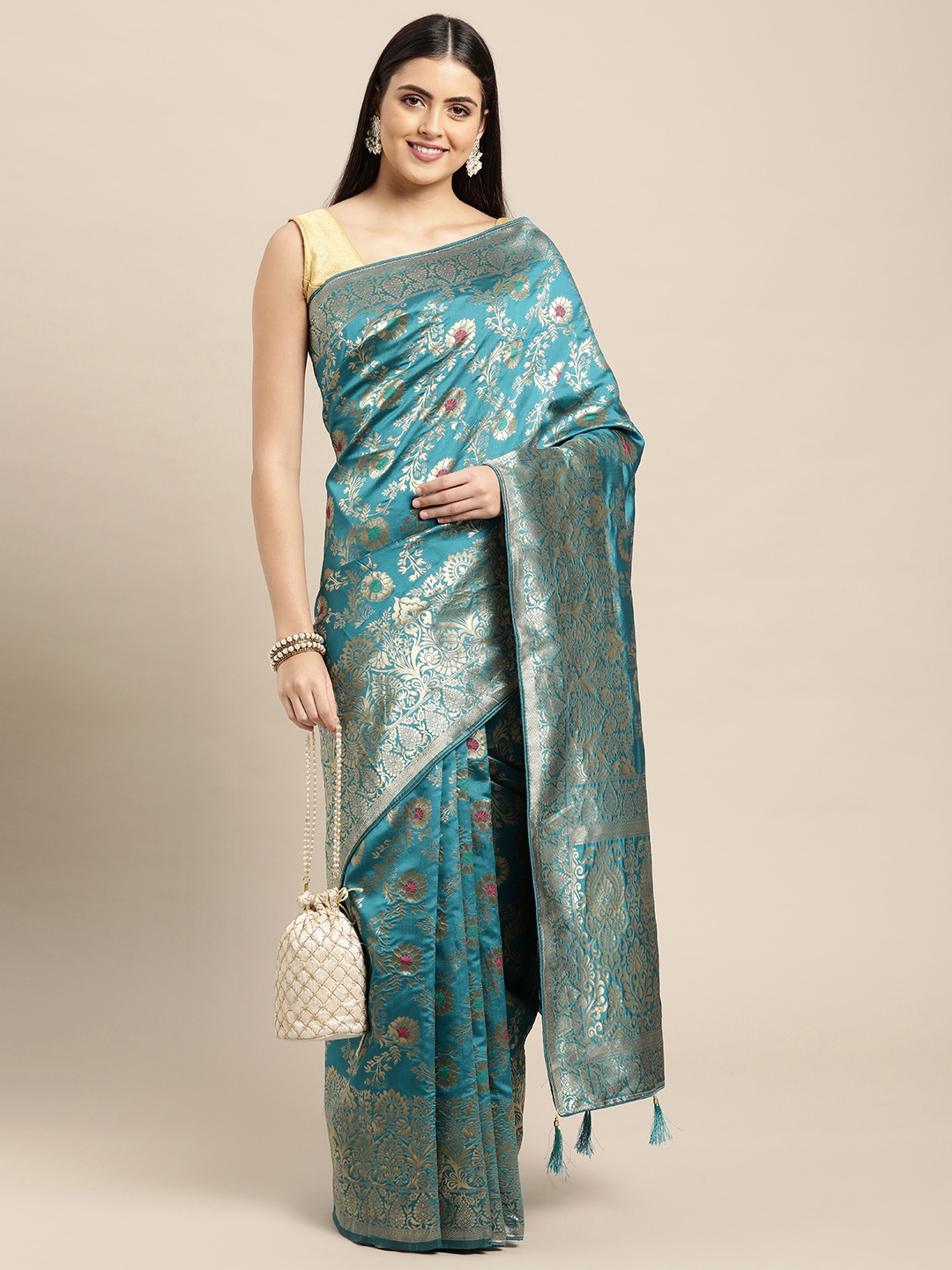 

Leeza Store Turquoise Blue & Golden Ethnic Motifs Zari Silk Blend Banarasi Saree