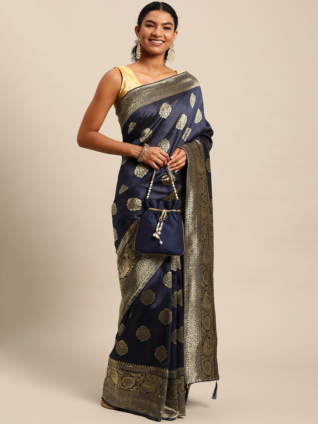 

Leeza Store Navy Blue & Golden Ethnic Motifs Zari Silk Blend Banarasi Saree