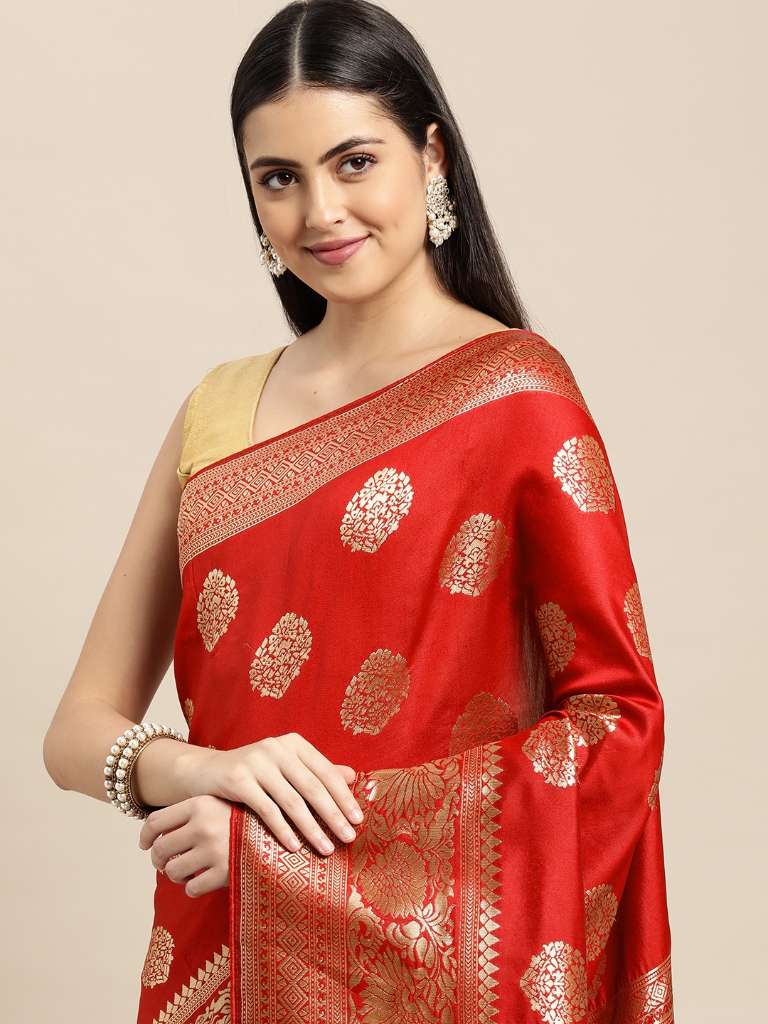 

Leeza Store Red & Golden Ethnic Motifs Zari Silk Blend Banarasi Saree