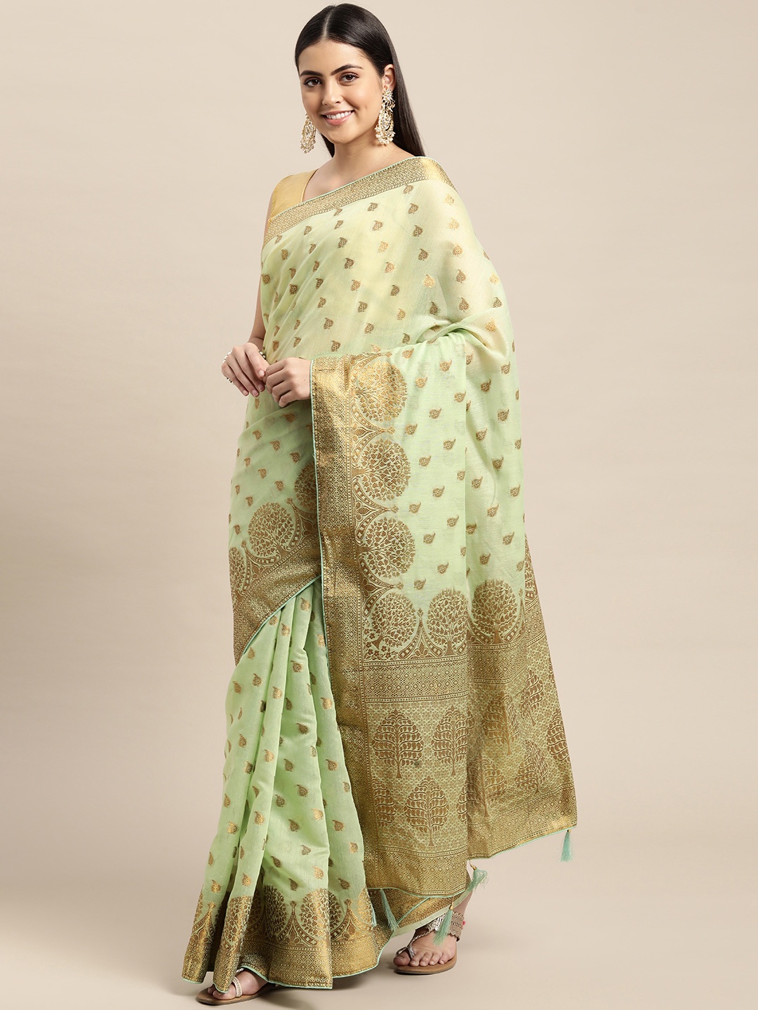 

Leeza Store Mint Green & Golden Ethnic Motifs Zari Banarasi Saree
