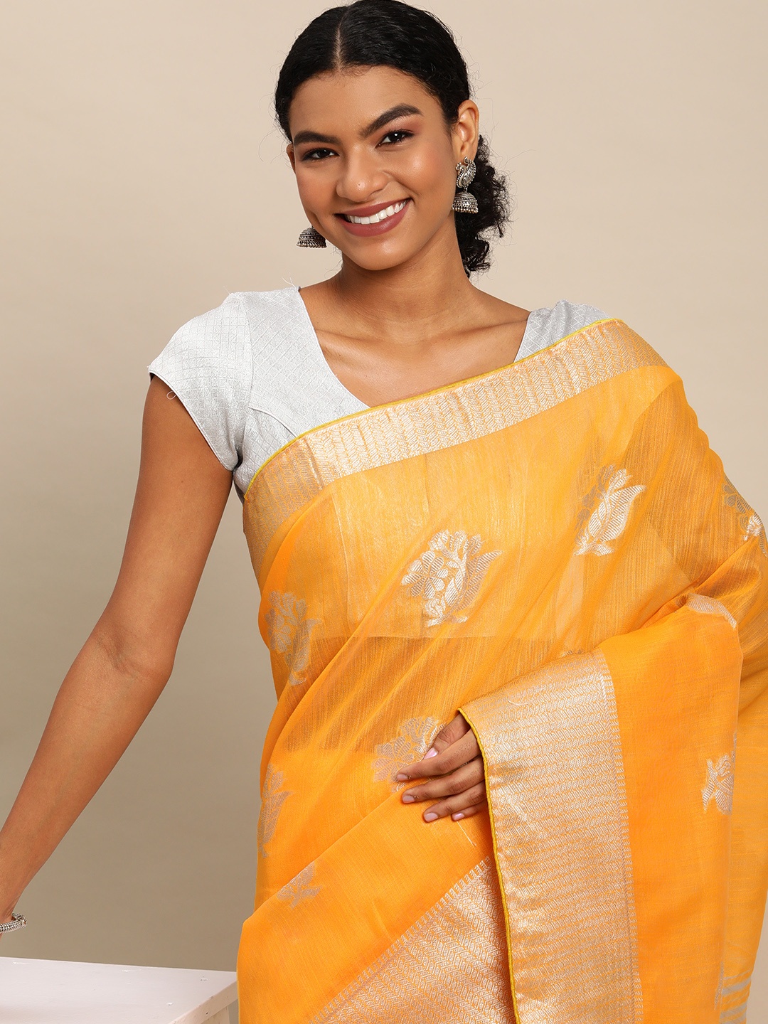 

Leeza Store Mustard & Silver Ethnic Motifs Zari Tissue Banarasi Saree