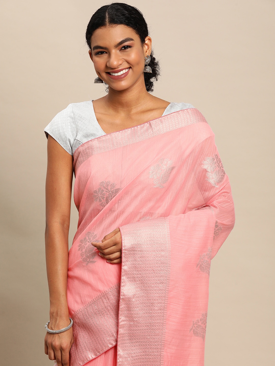 

Leeza Store Pink & Silver Ethnic Motifs Zari Tissue Banarasi Saree