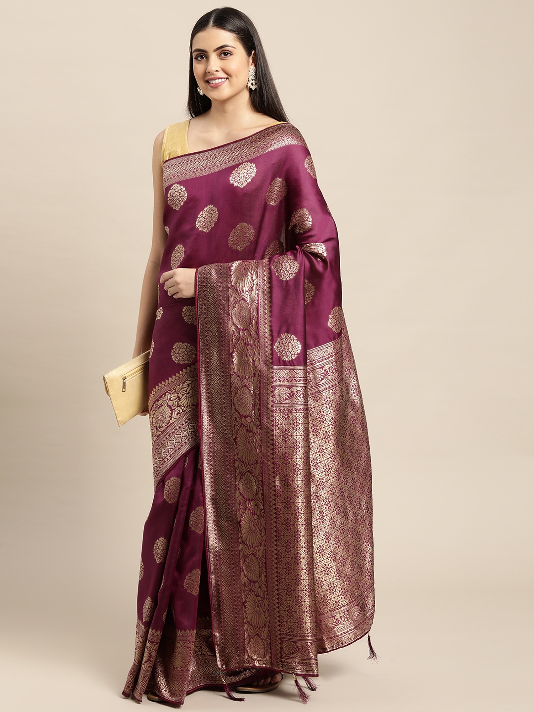 

Leeza Store Burgundy & Golden Ethnic Motifs Zari Silk Blend Banarasi Saree