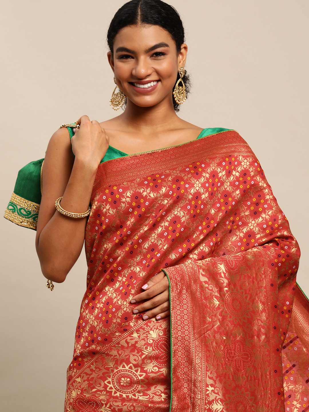 

Leeza Store Red & Golden Ethnic Motifs Zari Bandhani Saree