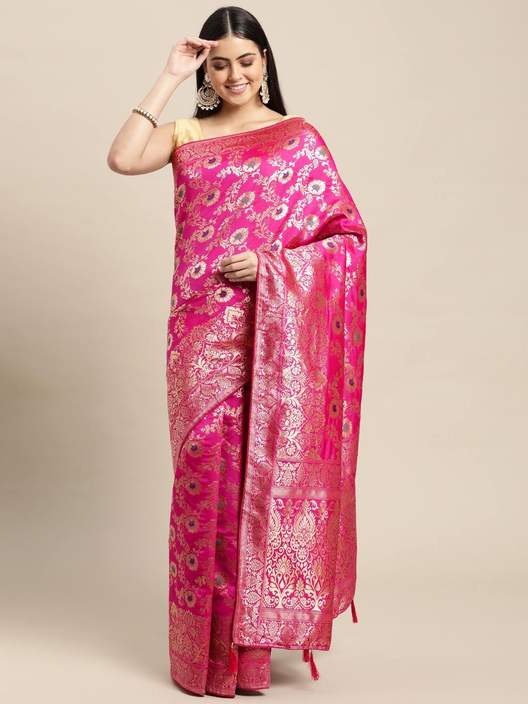 

Leeza Store Pink & Golden Ethnic Motifs Zari Silk Blend Banarasi Saree