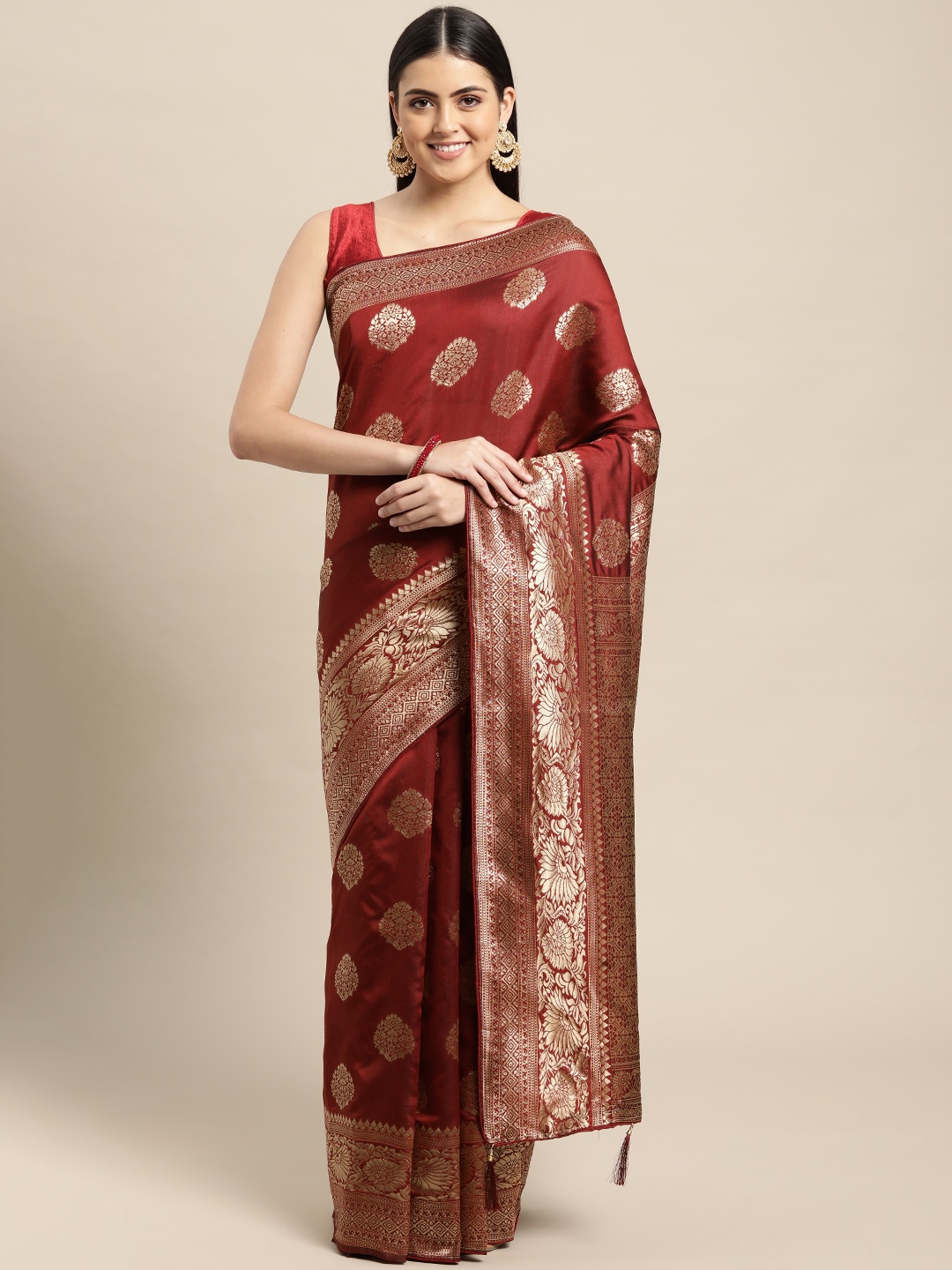 

Leeza Store Maroon & Golden Ethnic Motifs Zari Silk Blend Banarasi Saree