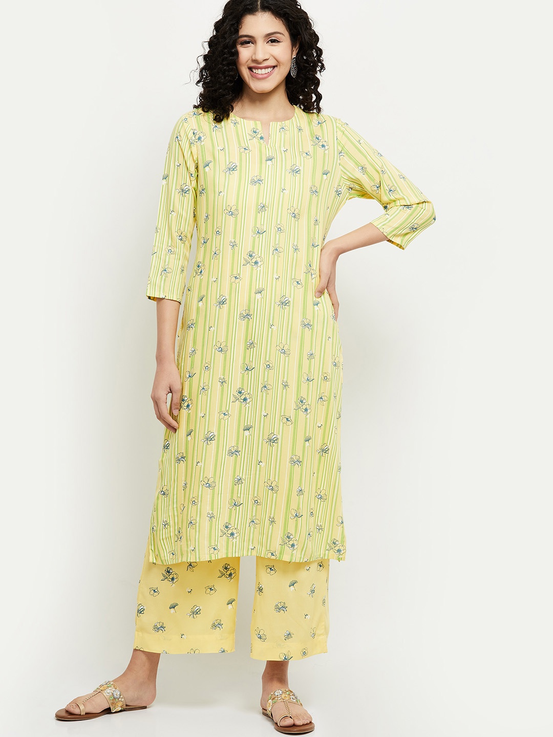 

max Women Yellow & Green Floral Print & Striped Straight Kurta with Palazzos