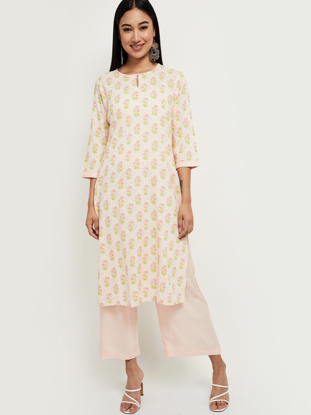 

max Women Peach-Coloured & Green Floral Print Kurta with Trousers