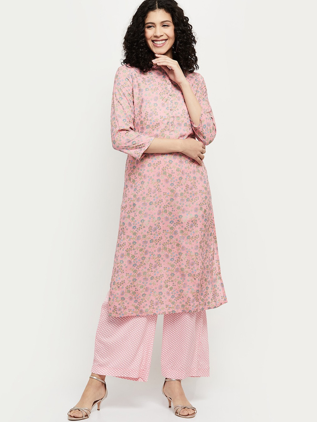 

max Women Pink & Gold Floral Print Cotton Straight Kurta with Palazzos