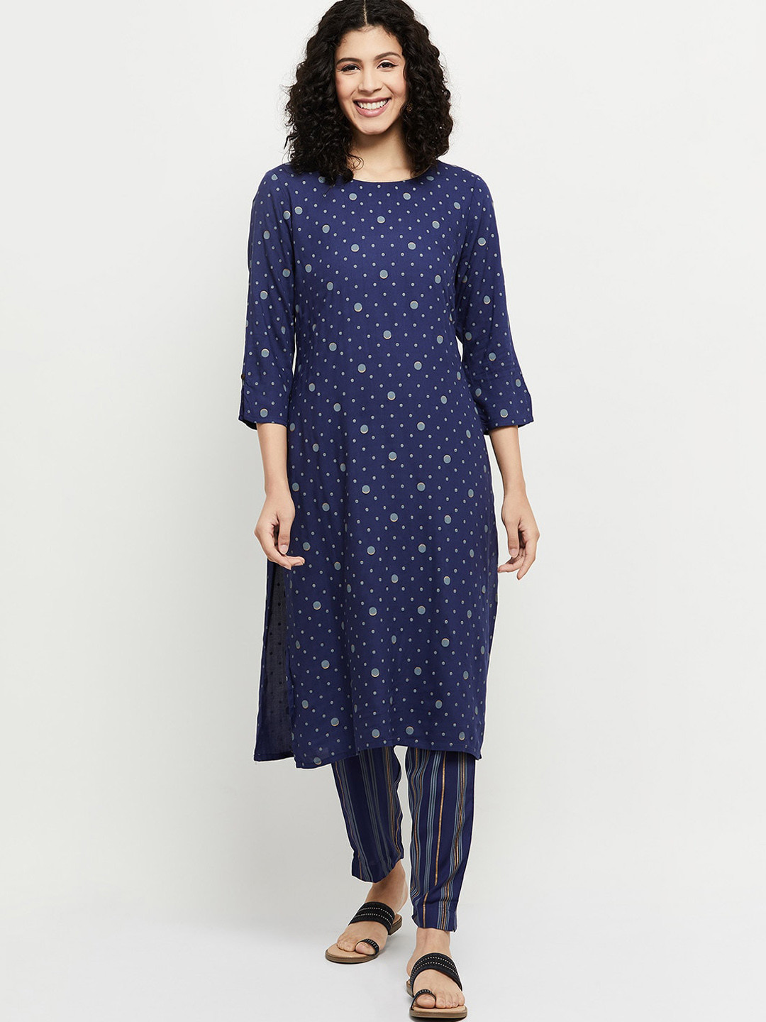 

max Women Navy Blue Printed Kurta with Trousers