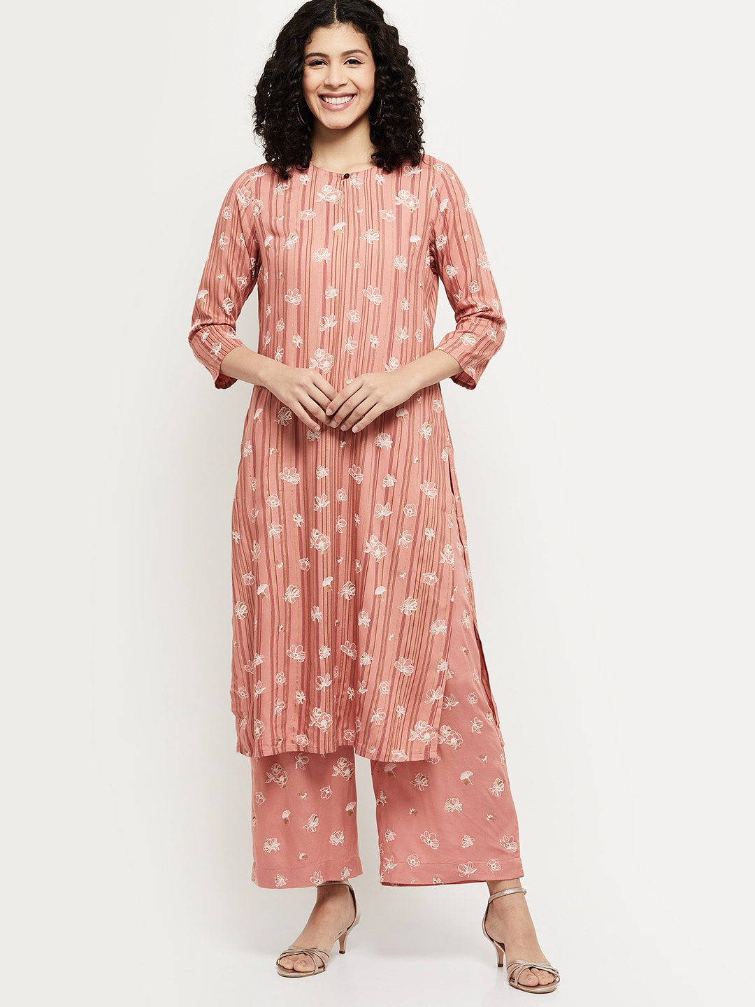 

max Women Peach-Coloured & White Floral Print Kurta with Trousers & With Dupatta