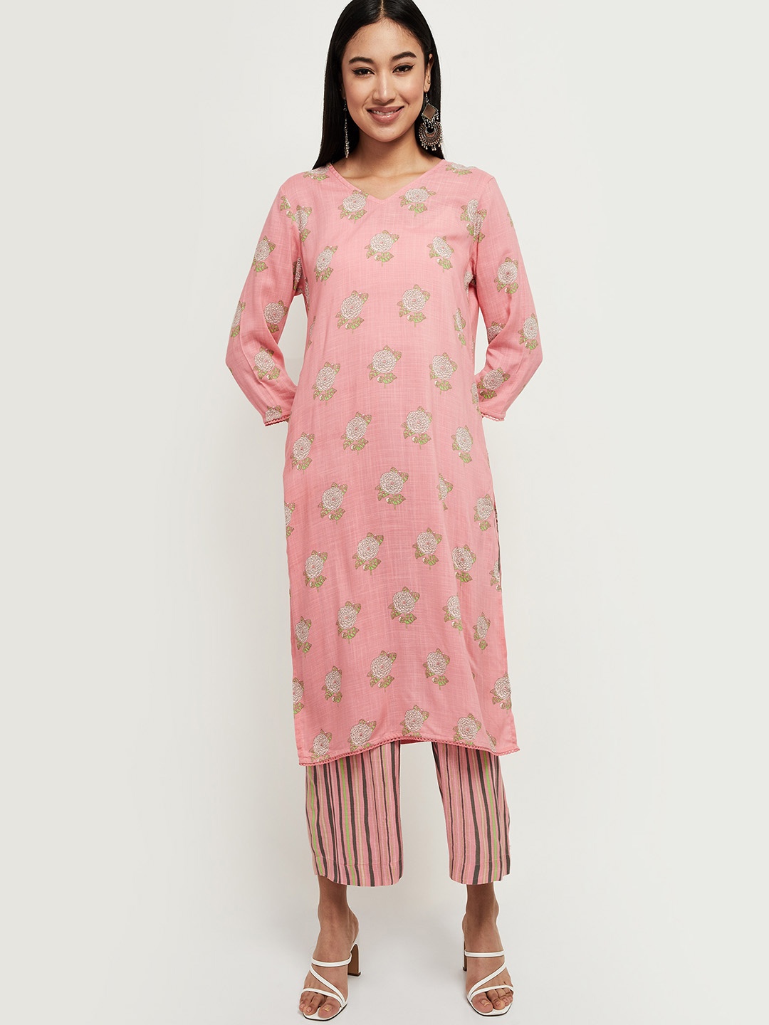 

max Women Pink & White Floral Printed Straight Kurta with Palazzos & With Dupatta