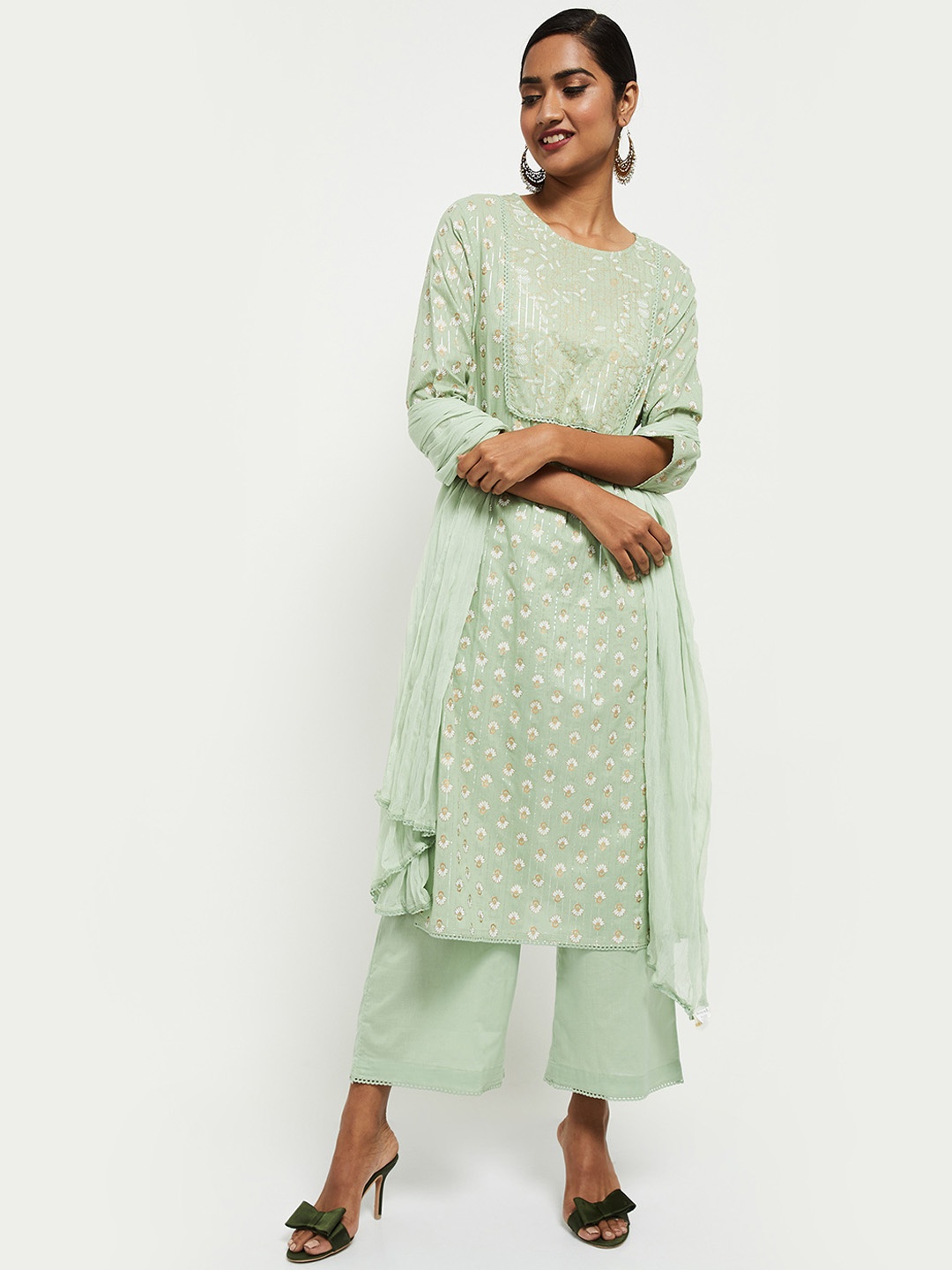 

max Women Lime Green Ethnic Motifs Printed Kurta with Palazzos & With Dupatta