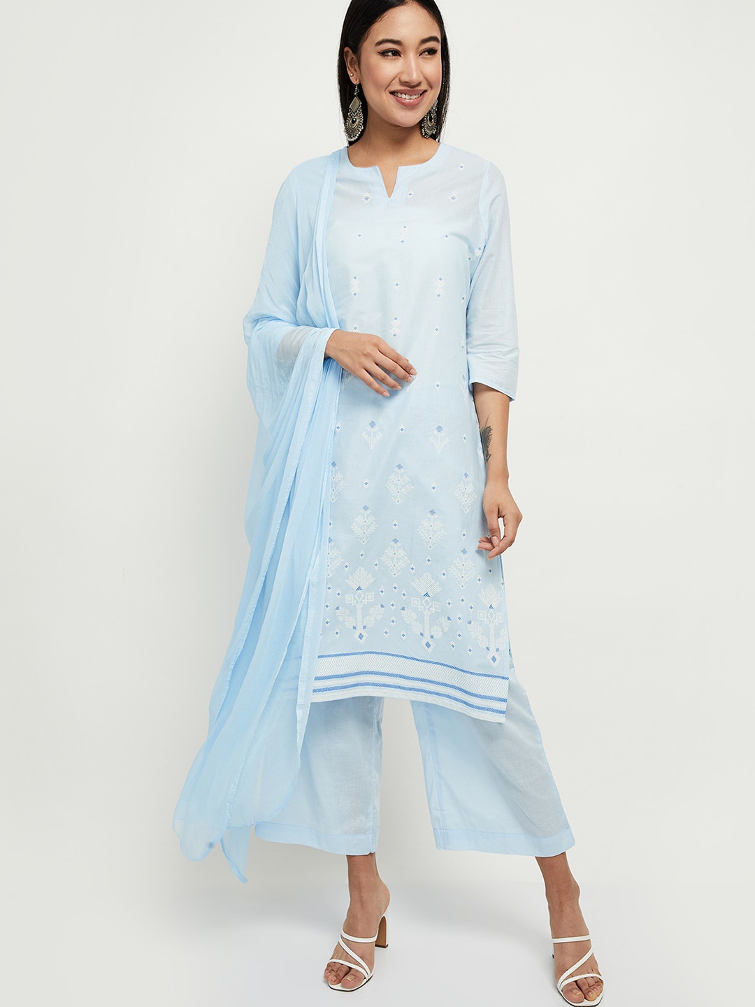 

max Women Blue & White Printed Pure Cotton Kurta with Palazzos & Dupatta