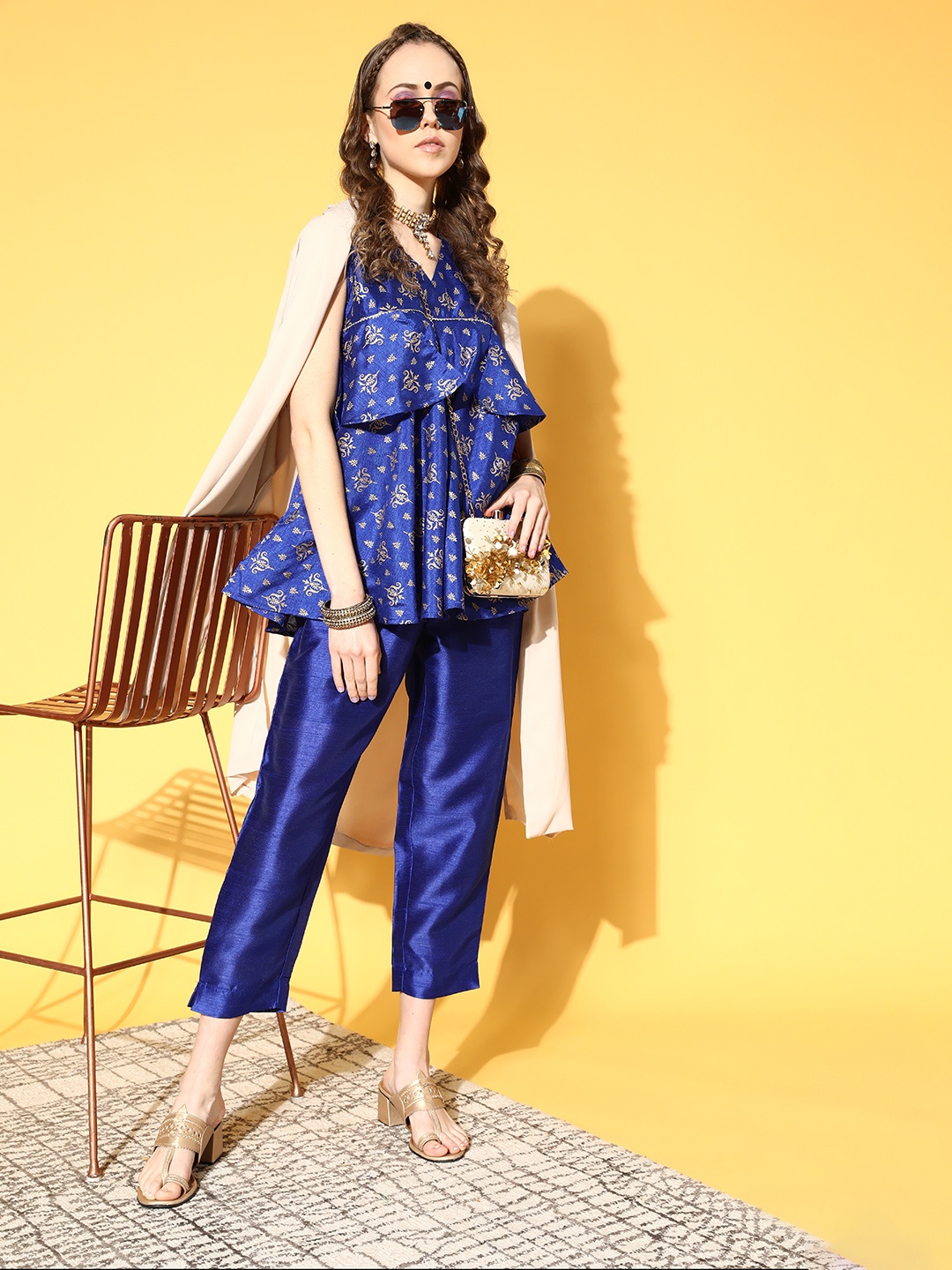

Ahalyaa Solid Silk Blend Swirling Volume Top With Trousers, Blue