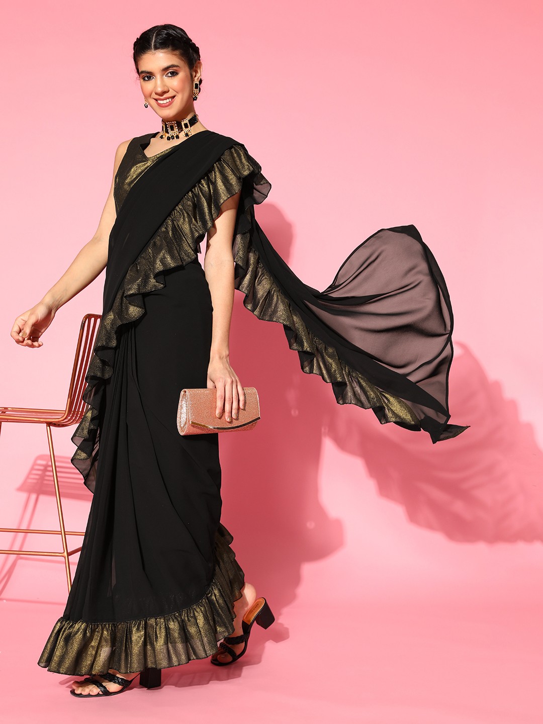 

Ahalyaa Black & Gold-Toned Ready To Wear Solid Saree
