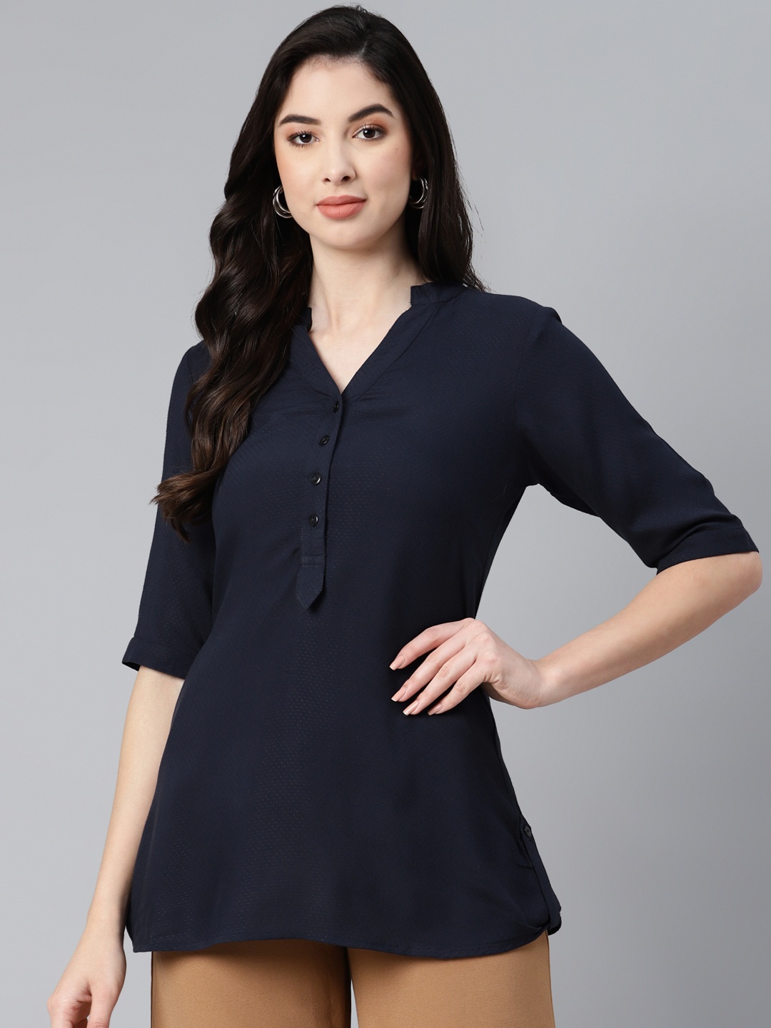 

Ayaany Women Navy Blue Self Design Pure Cotton Longline Top