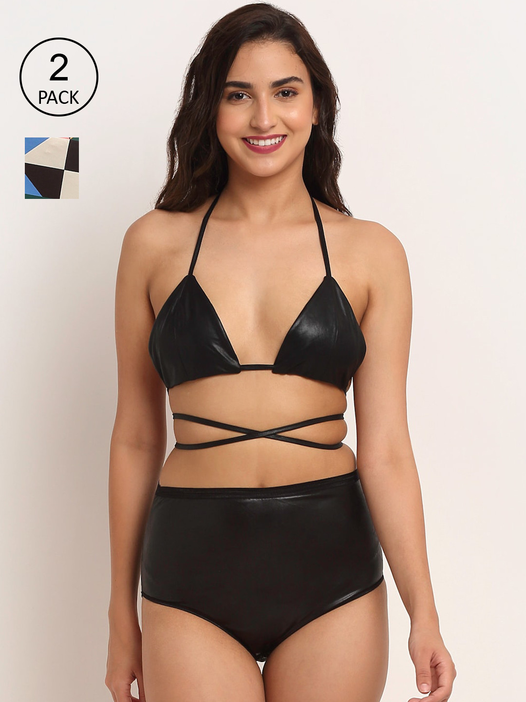 

EROTISSCH Women Pack of 2 Black & Multicolored Halter Neck Swim Bikni Set