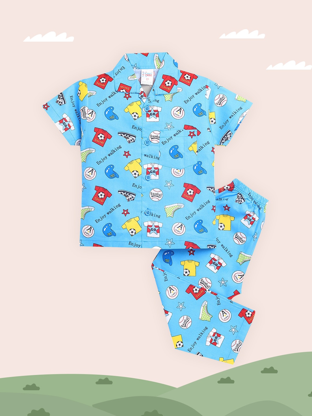 

NAUTI KIDZ Boys Blue & Red Printed Cotton Pyjama Set