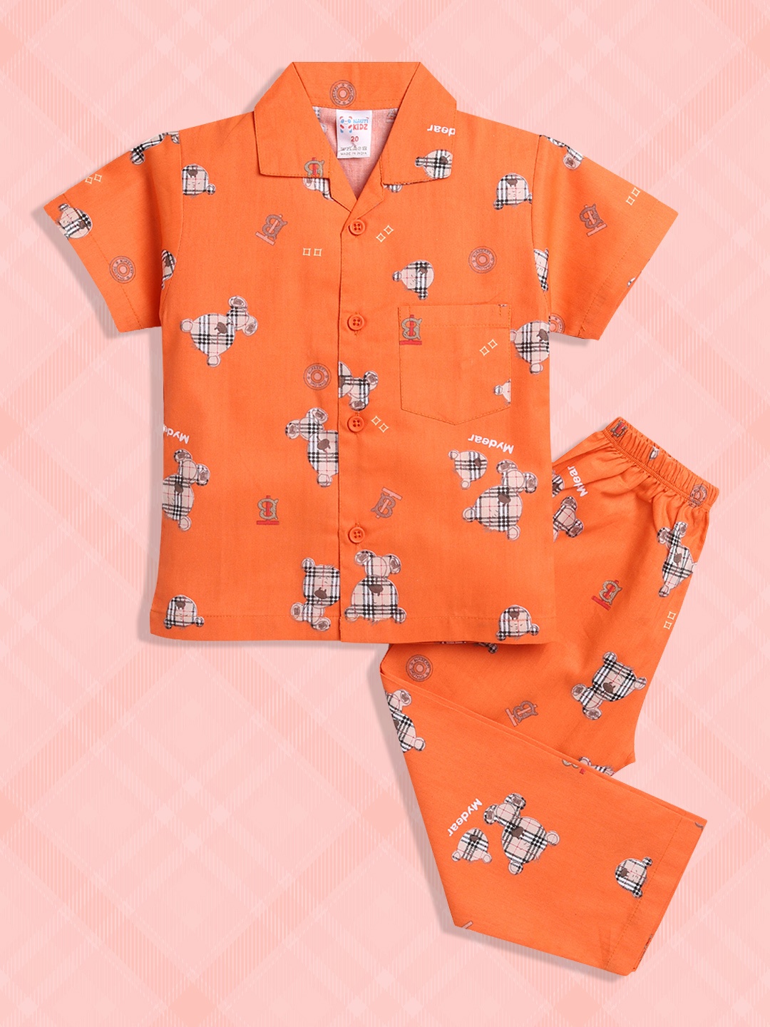 

NAUTI KIDZ Boys Orange & Beige Conversational Printed Cotton Pyjama Set