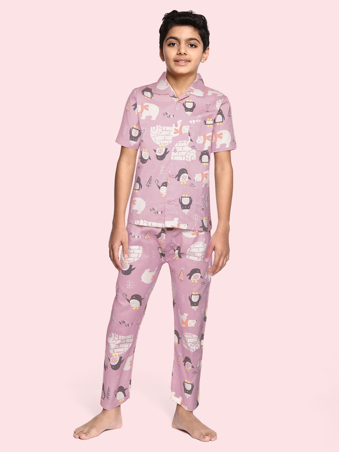

NAUTI KIDZ Boys Pink & White Printed Cotton Pyjama Set