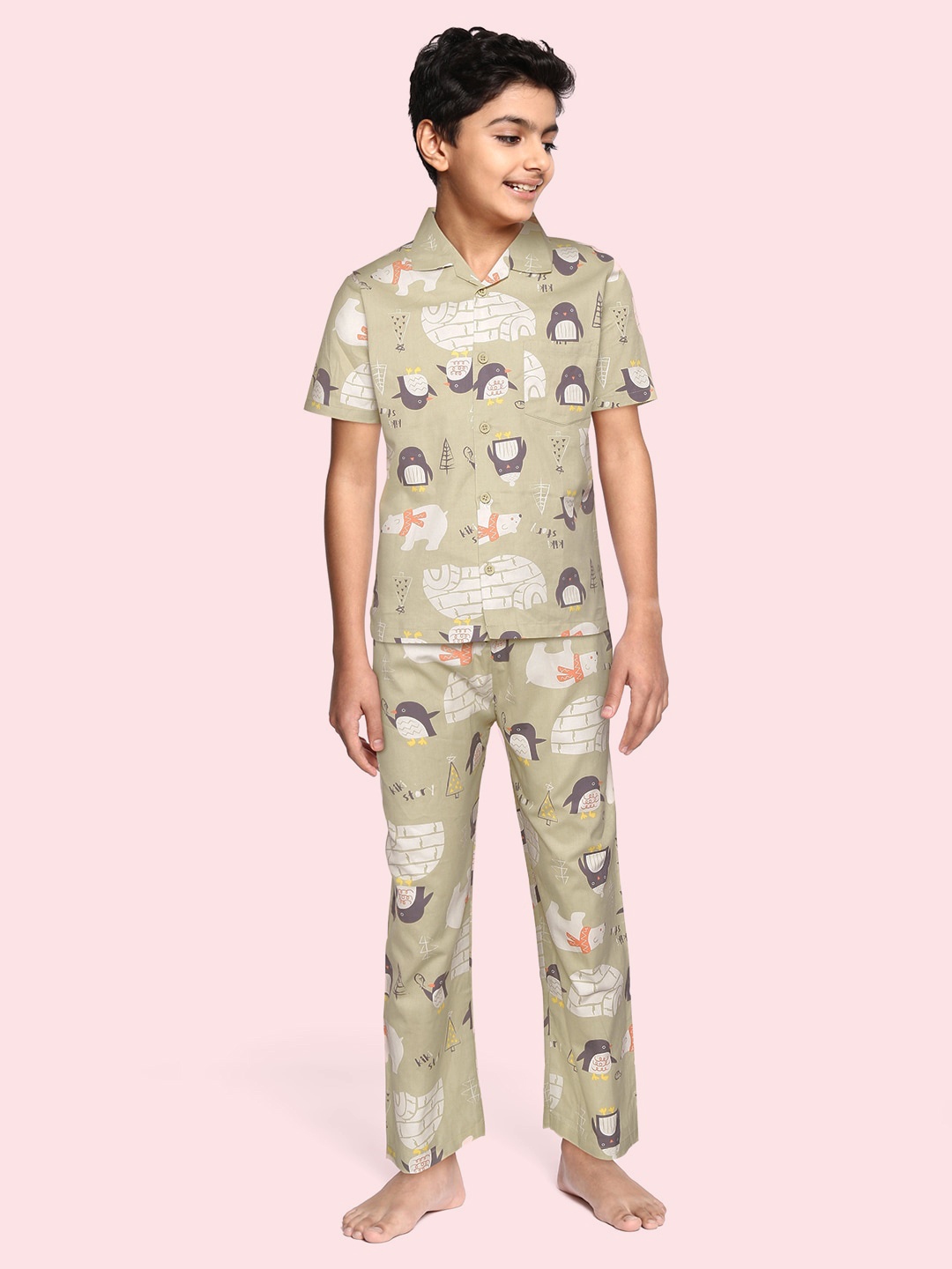 

NAUTI KIDZ Boys Khaki & White Printed Cotton Pyjama Set