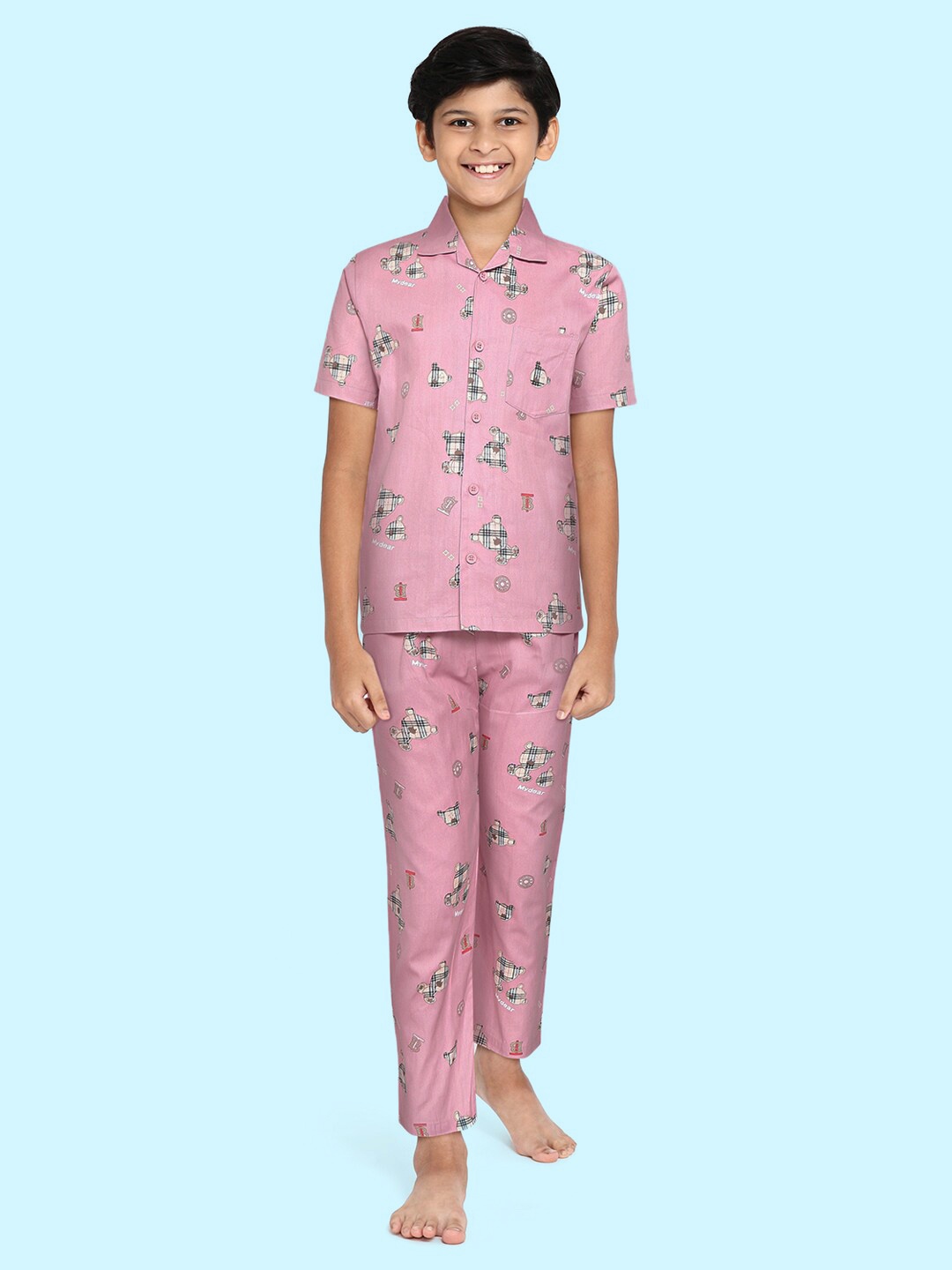 

NAUTI KIDZ Boys Pink & Brown Pure Cotton Conversational Print Pyjama Set