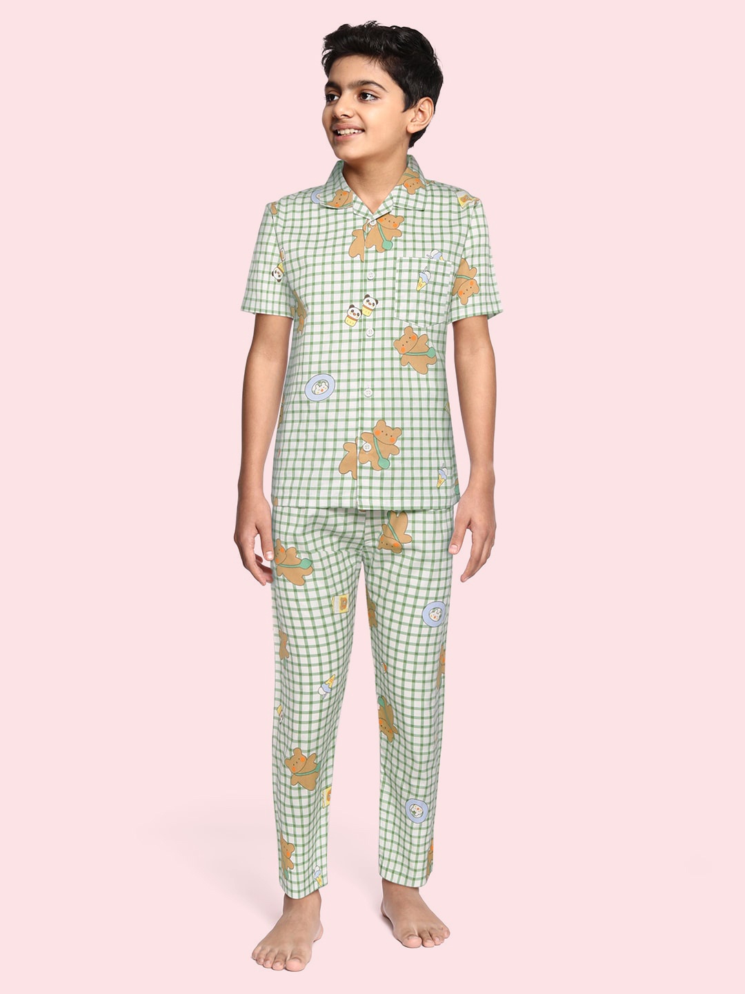 

NAUTI KIDZ Boys White & Green Checked & Conversational Print Cotton Pyjama Set