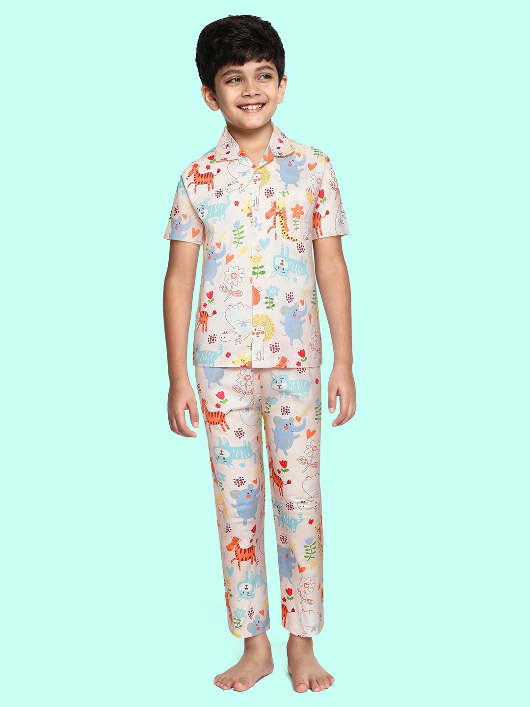 

NAUTI KIDZ Boys Peach-Coloured & Yellow Pure Cotton Conversational Print Pyjama Set