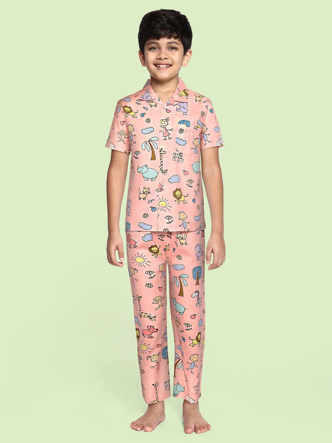 

NAUTI KIDZ Boys Peach-Coloured & Blue Printed Pure Cotton Pyjama Set