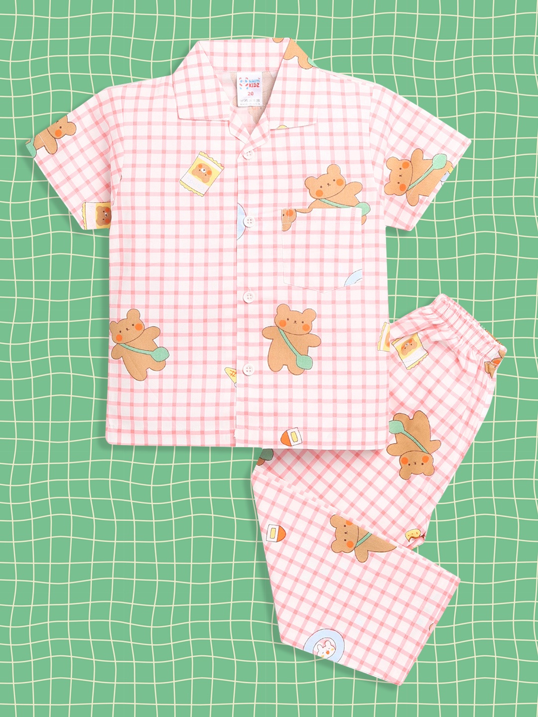 

NAUTI KIDZ Boys White & Pink Checked & Conversational Print Cotton Pyjama Set